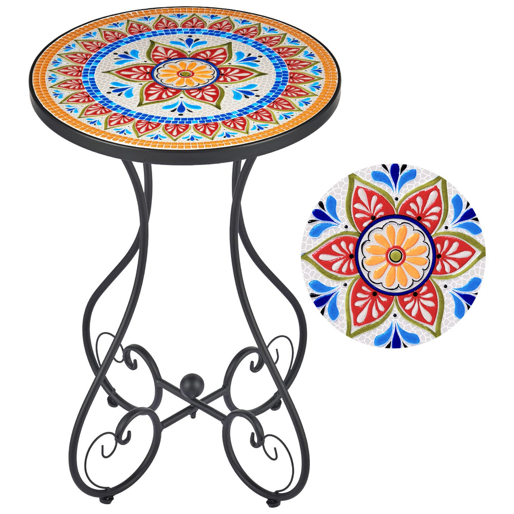 VONLUCE front view of mosaic side table showing vibrant tile top and black frame, adds color