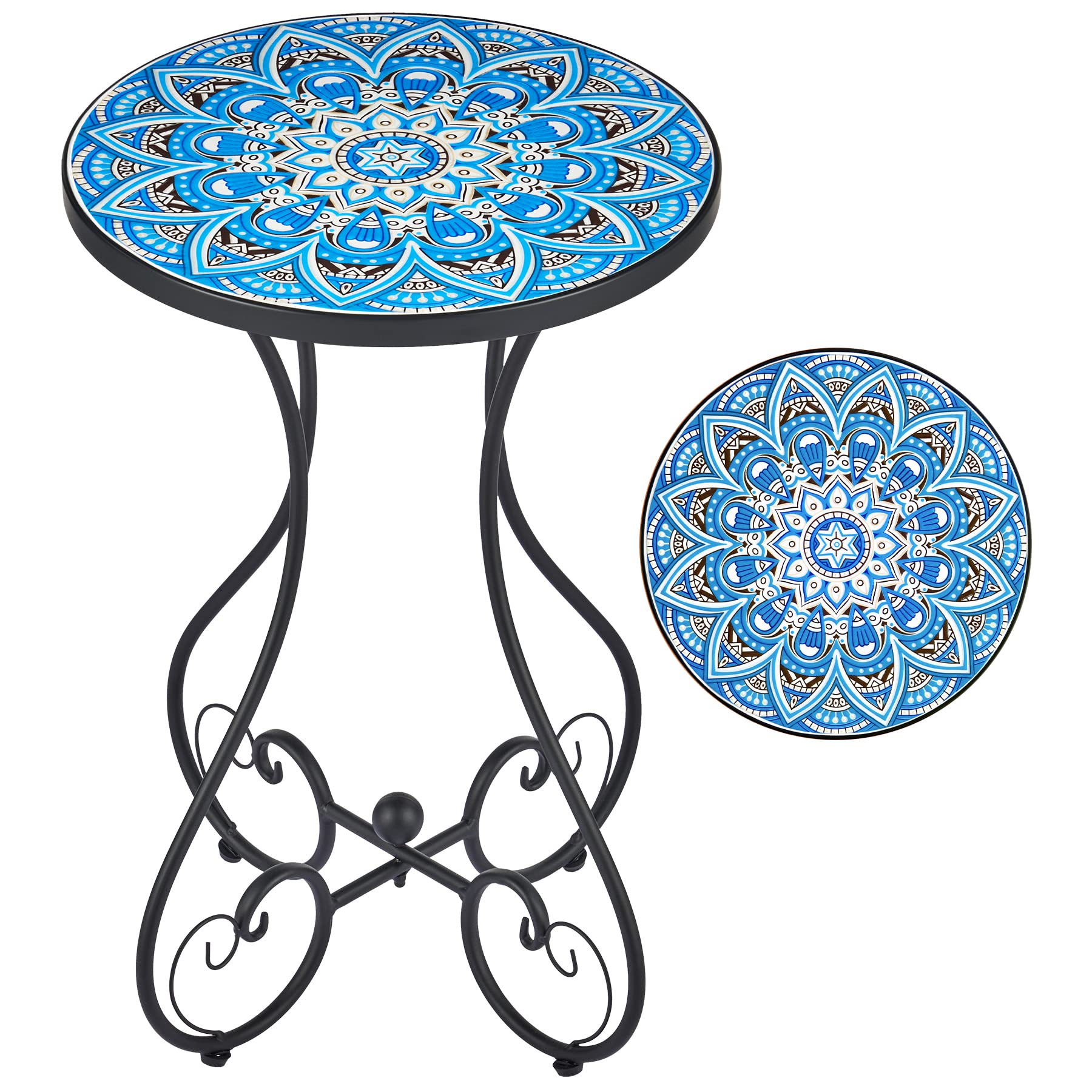 VONLUCE mandala table front view showing colorful top and black frame, enhances décor