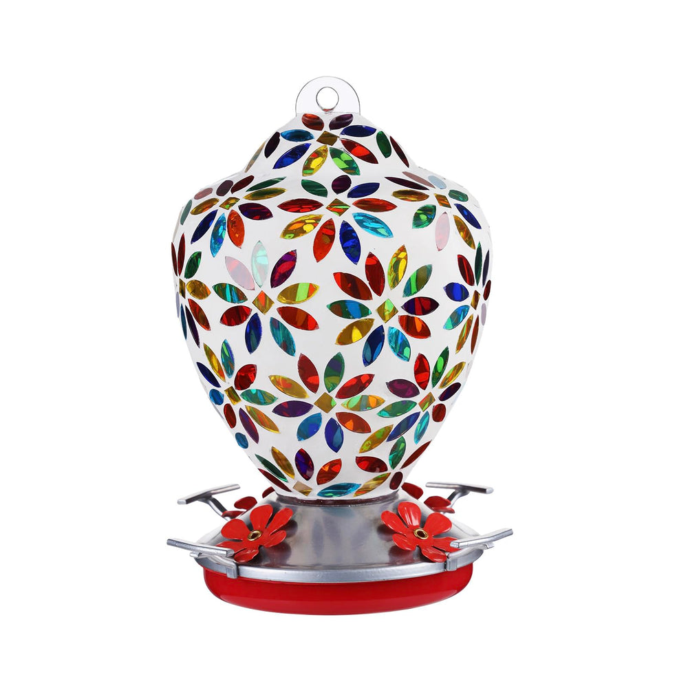 VOREEN front view of hand-blown mosaic feeder attracts birds