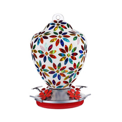 VOREEN front view of hand-blown mosaic feeder attracts birds