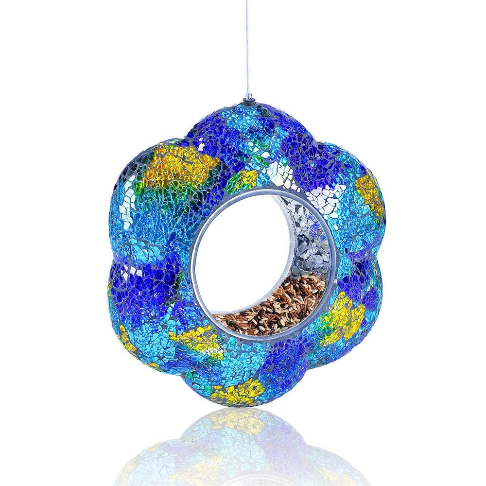 VOREEN front view mosaic feeder showing blue flower design and garden appeal