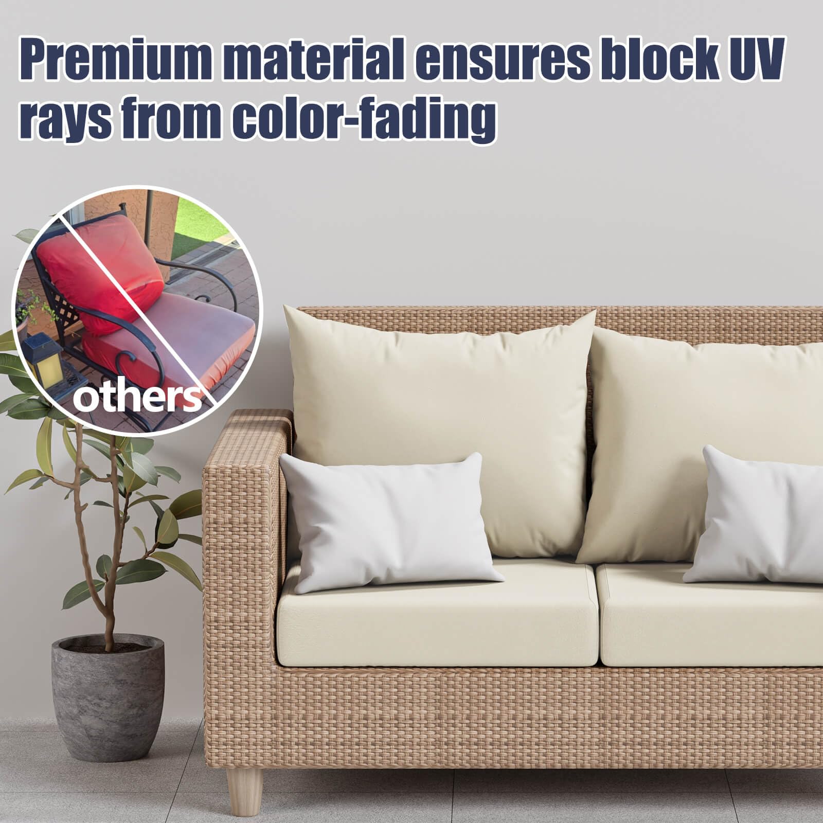 Vorshape cover fitted on patio sofa cushion demonstrating tailored curb appeal
