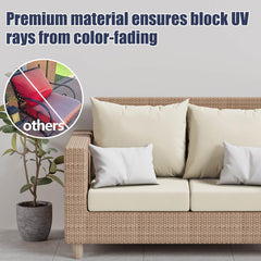 Vorshape cover fitted on patio sofa cushion demonstrating tailored curb appeal
