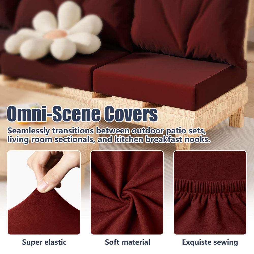 Vorshape fitted cushion on patio sofa showcasing UV-resistant protection and neat look