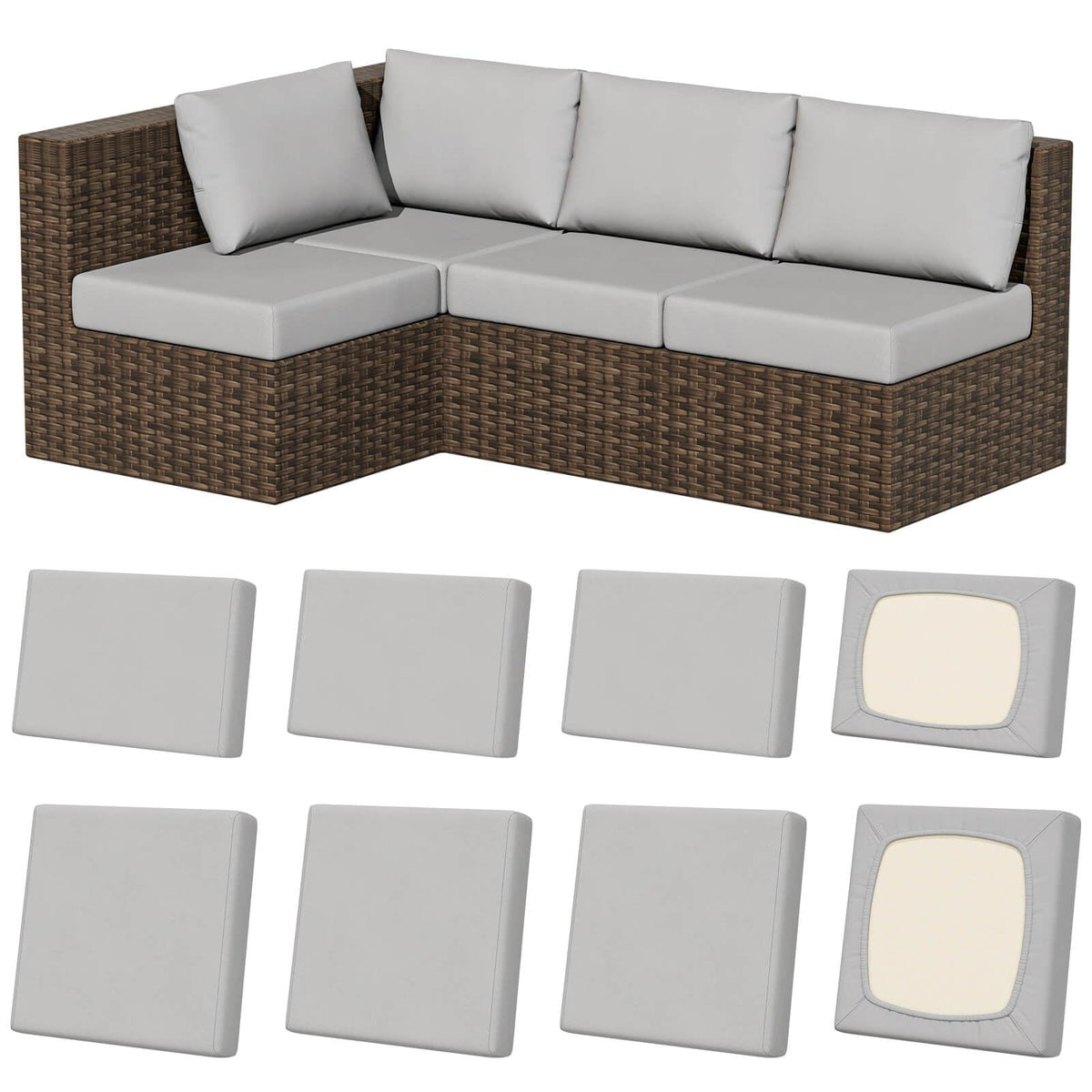 vorshape front view of 8-piece cushion cover set showing neat fit