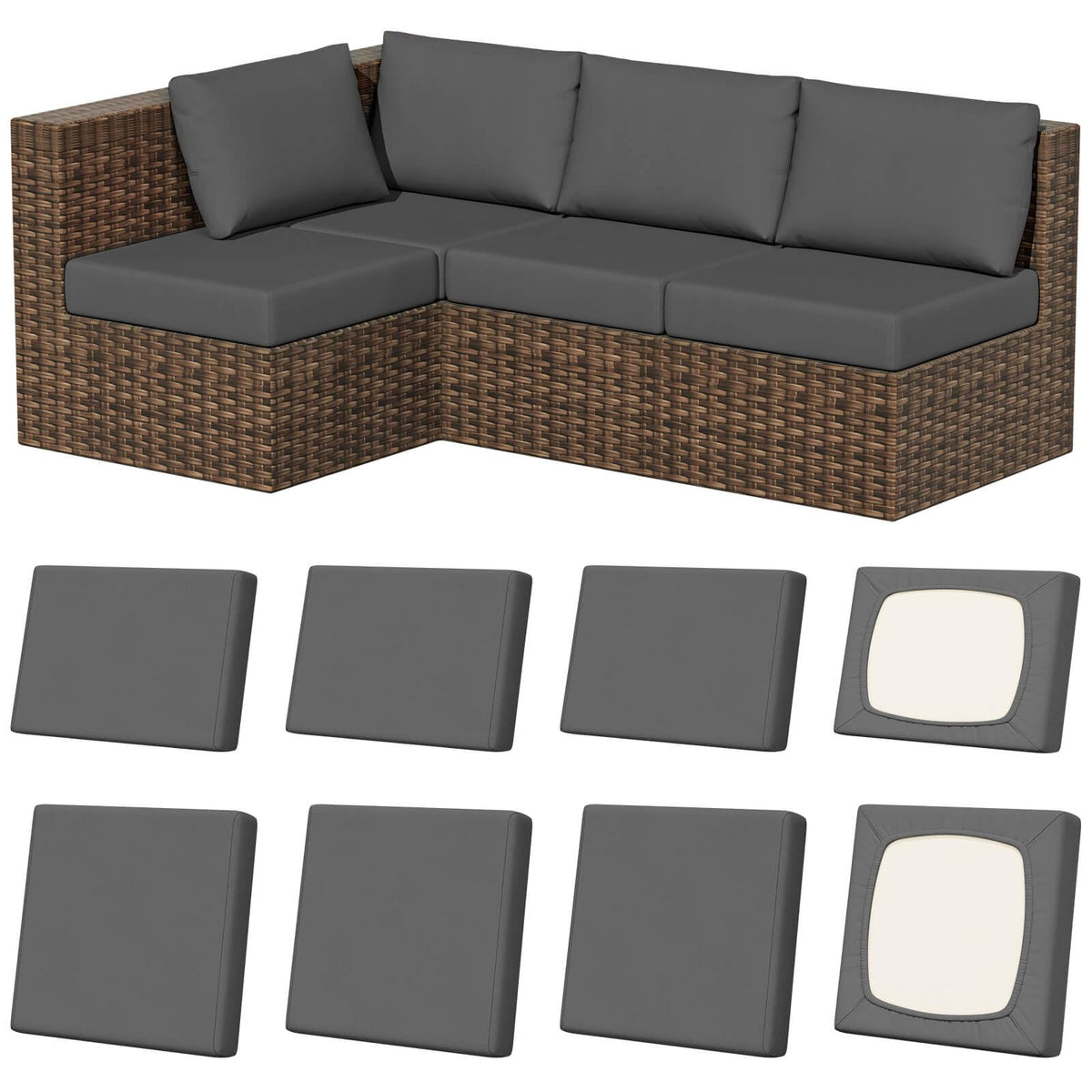 Vorshape front view of 8-piece covers on patio set showing instant makeover