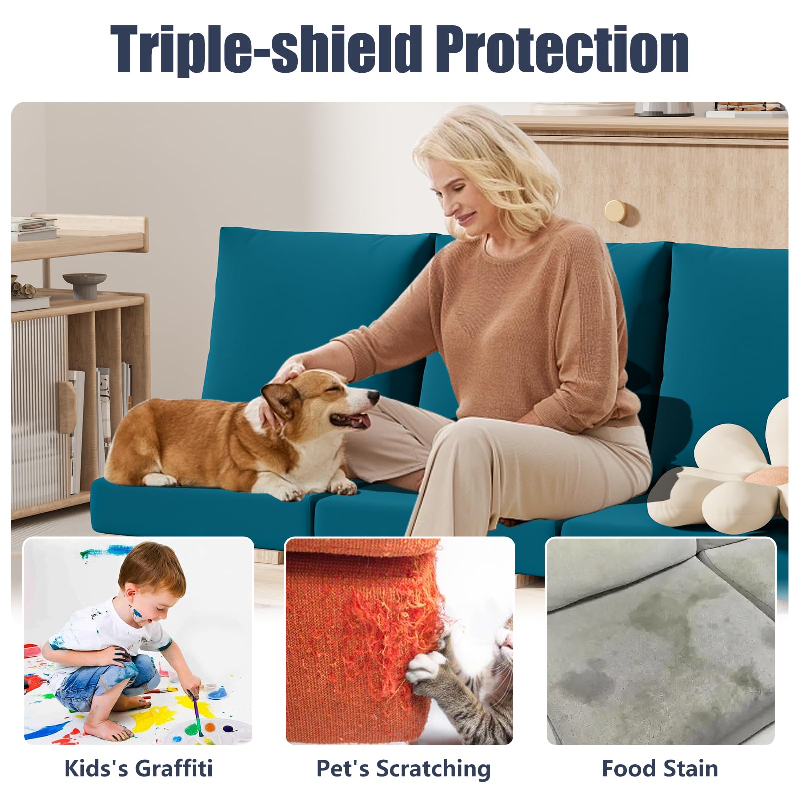 Vorshape cushion with child and pet showing stain and scratch resistance benefit