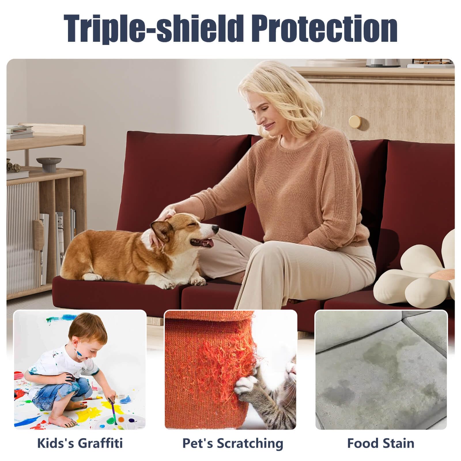 Vorshape cushion with pet paw nearby demonstrating scratch resistance and family-friendly benefit