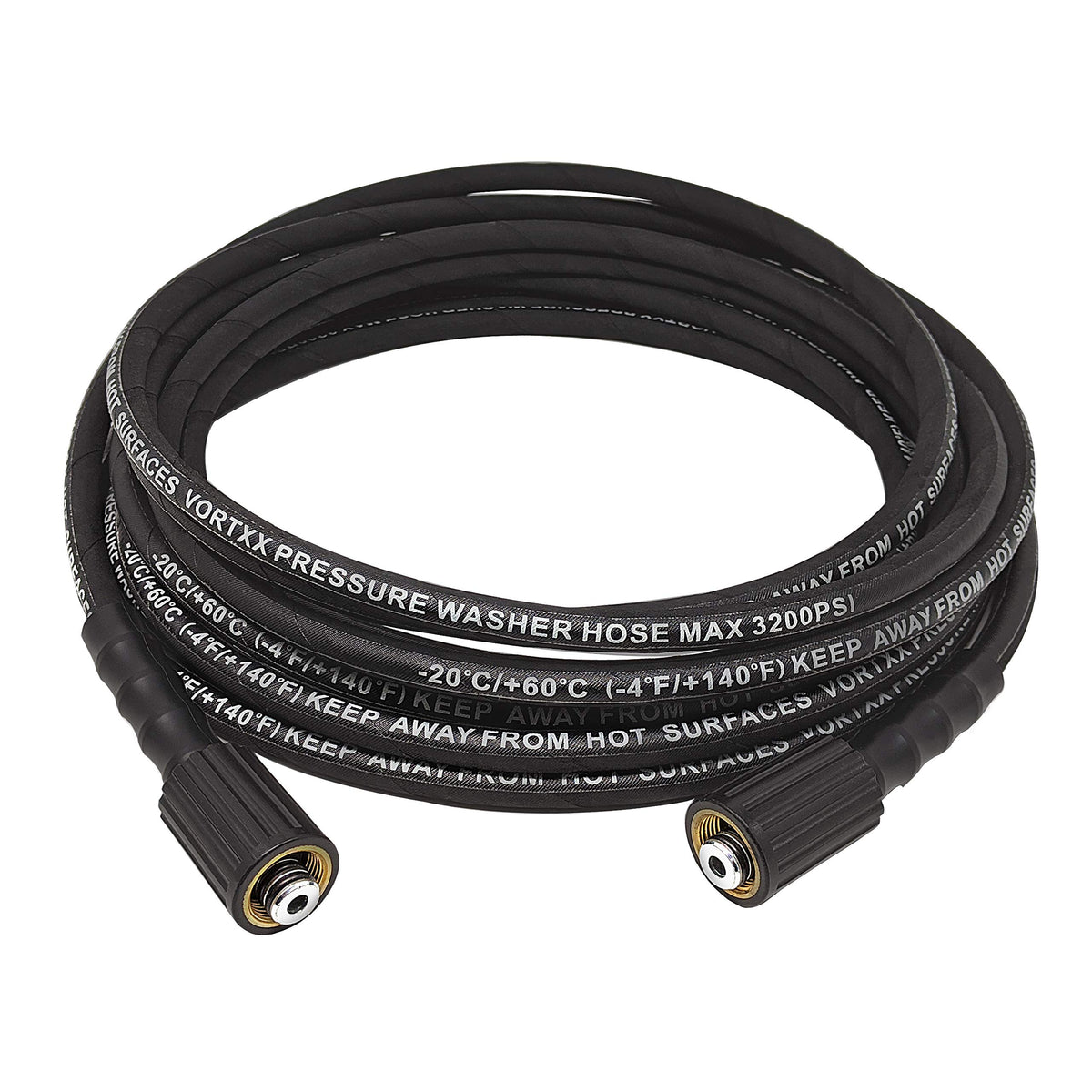 Vortxx front view of 30ft pressure hose showing durable design and reach