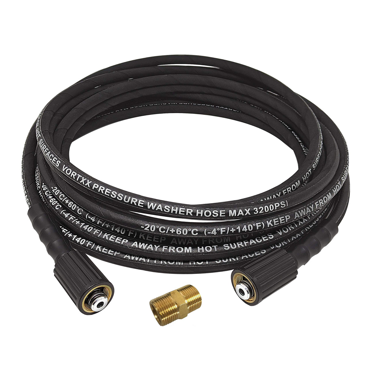 Vortxx front view coiled hose showing durable design and improved reach