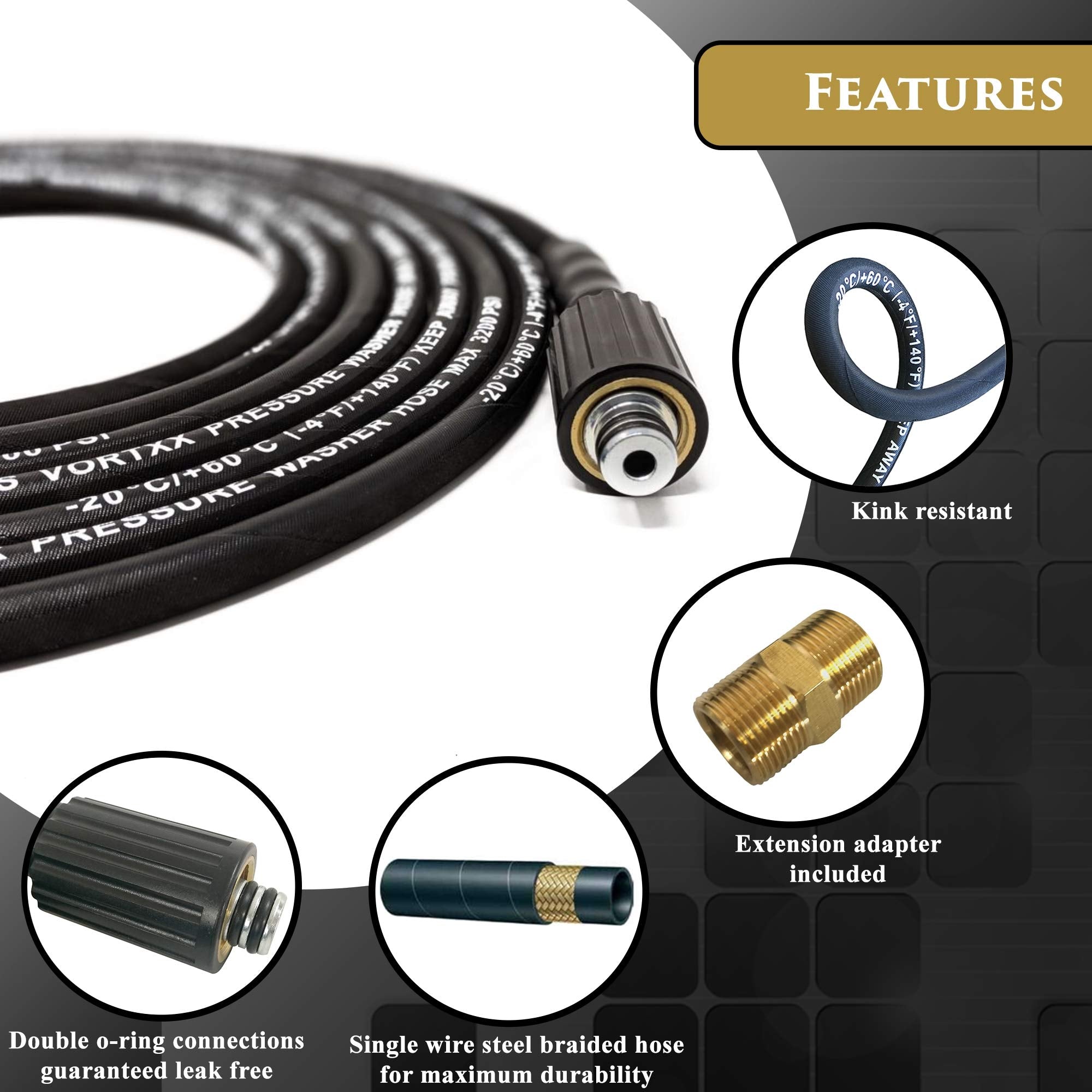 Vortxx hose next to tape measure illustrating the 25 foot length benefit