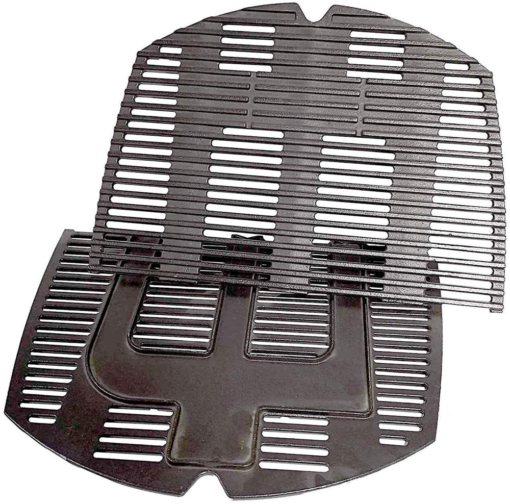 Votenli front view of two cast iron grates showing fit and durable finish, improves searing