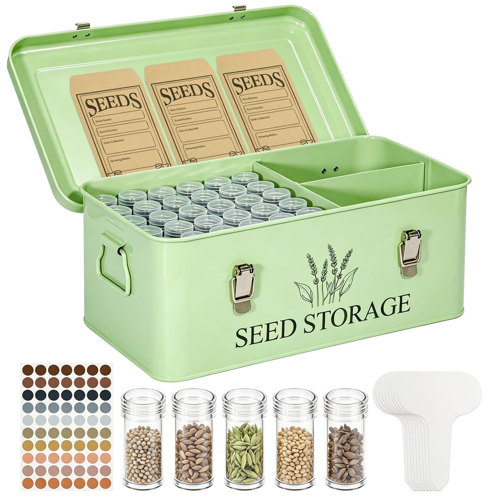 VOTMONDY front view of metal seed organizer showing durable case and compact profile