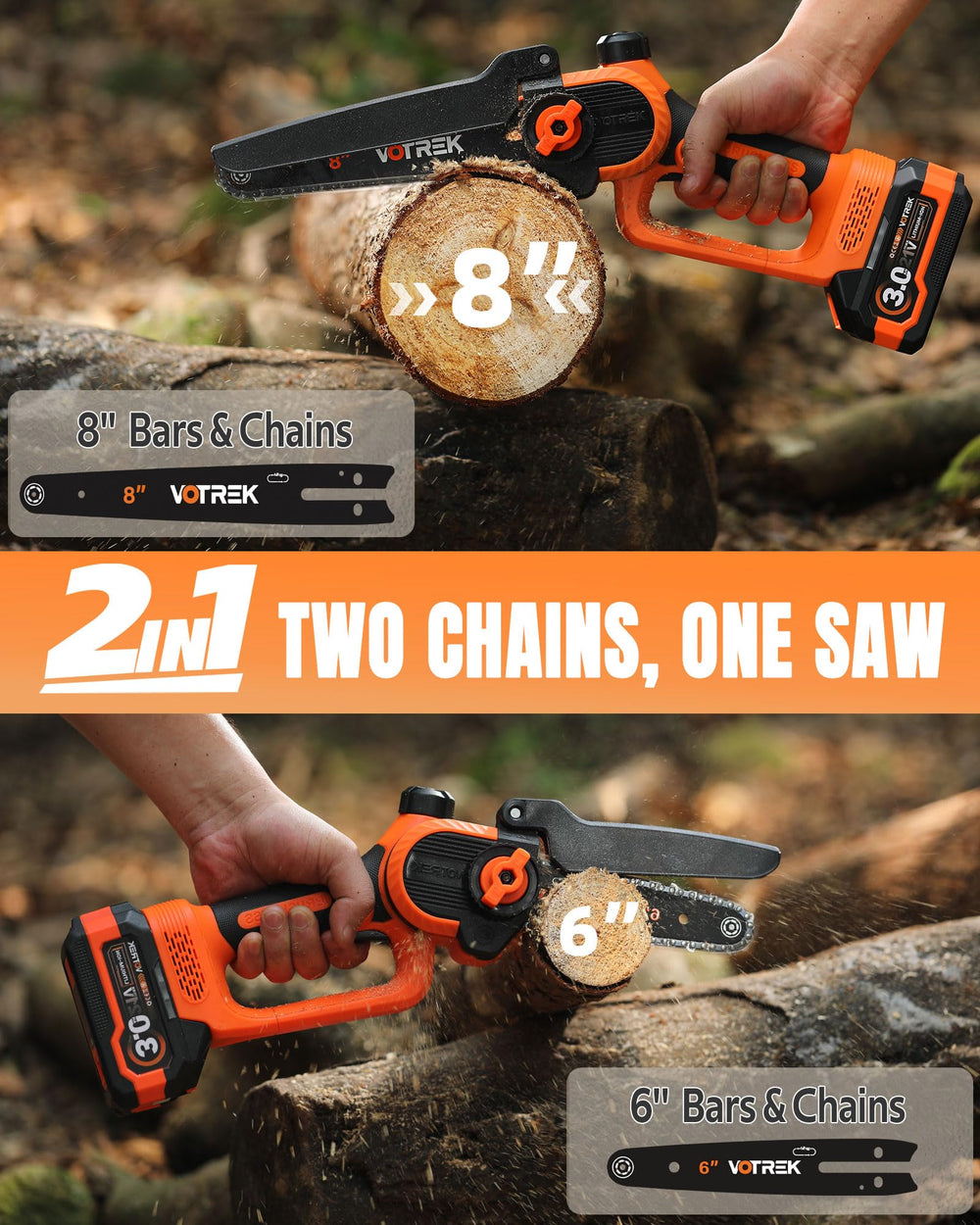 VOTREK close-up 6-inch guide bar and chain, shows precision pruning benefit