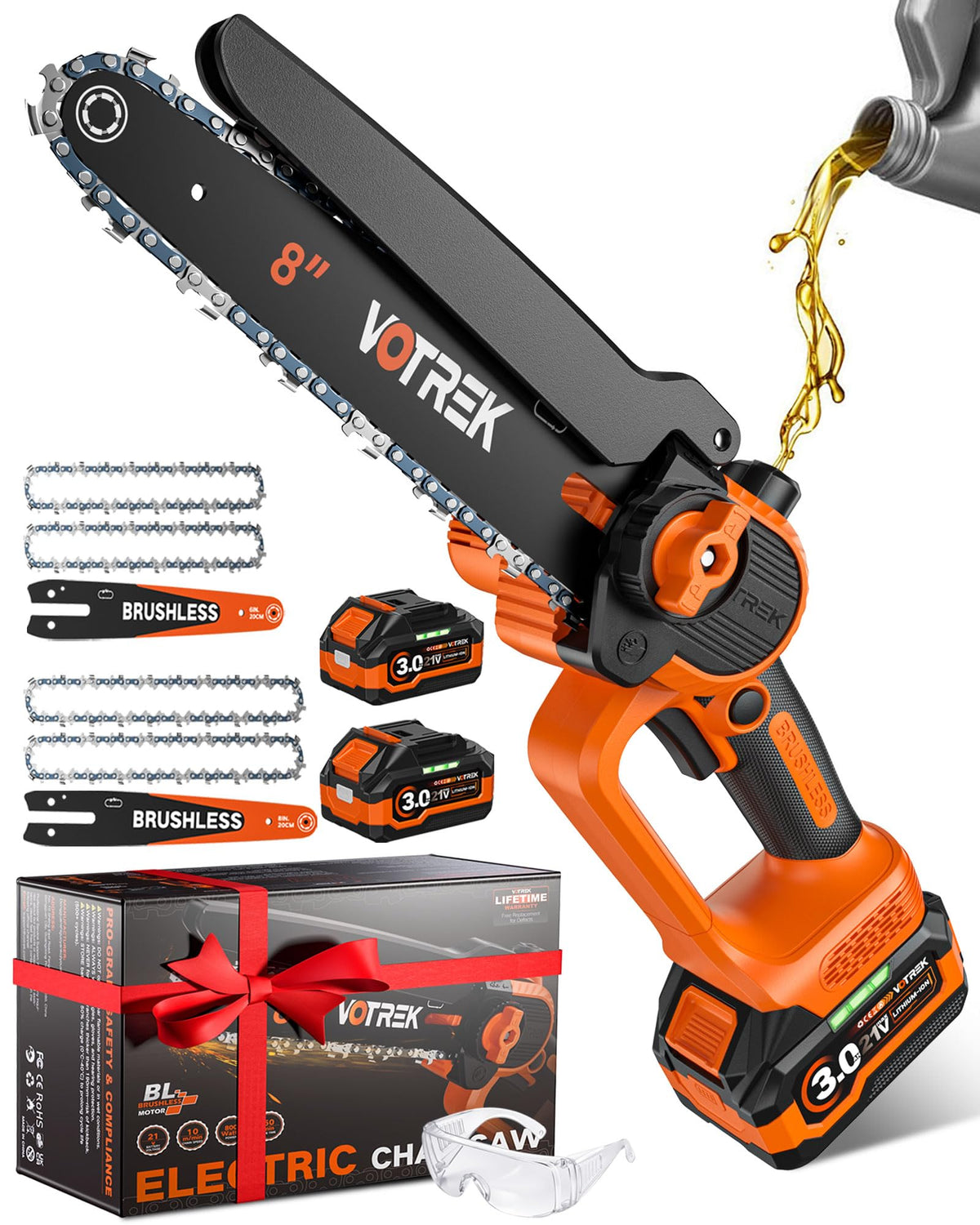 VOTREK front kit shot showing saw and batteries, highlights compact convenience