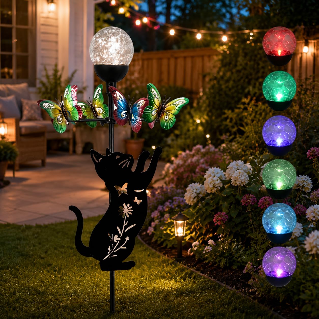 Voumsil front view of full stake showing cat and butterfly ring for whimsical curb appeal