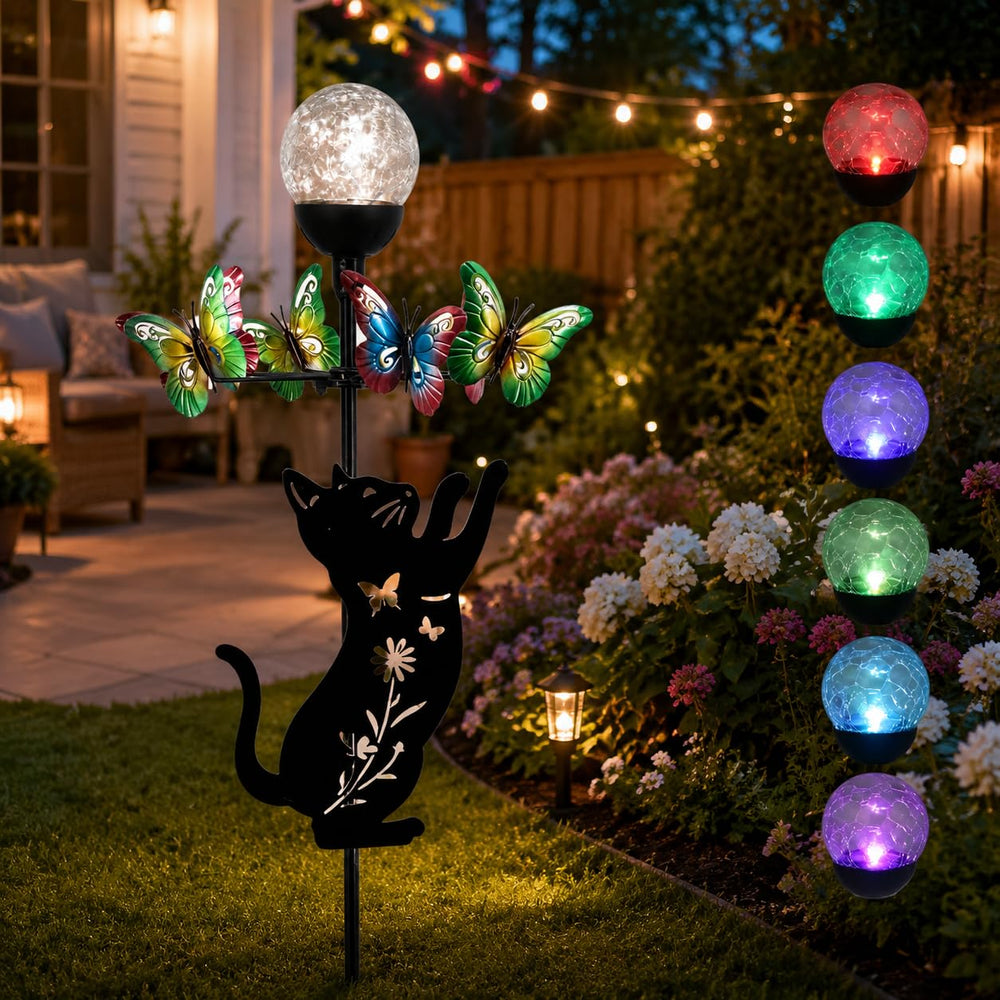 Voumsil front view of full stake showing cat and butterfly ring for whimsical curb appeal