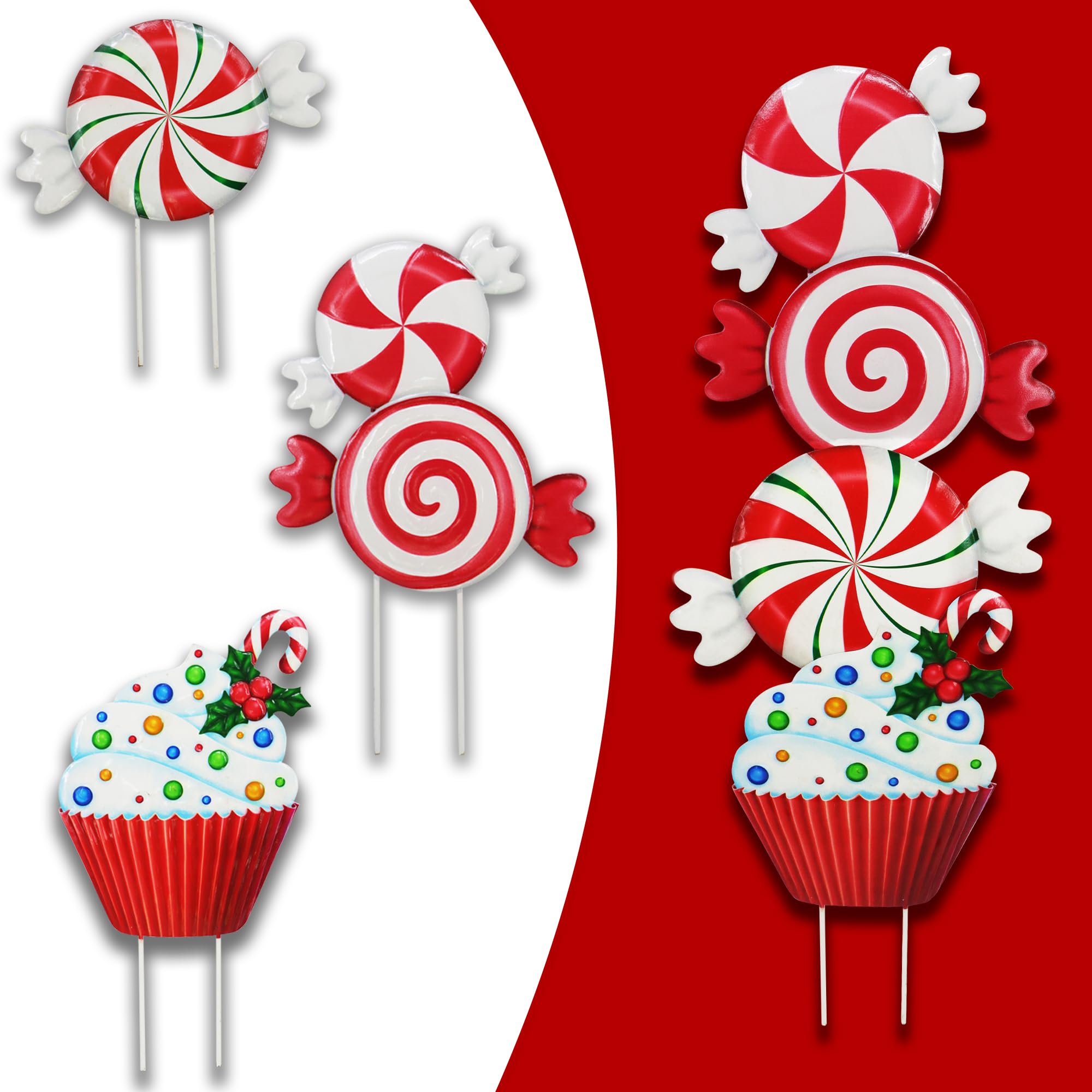 Voumsil front view of three candy stakes adding festive curb appeal
