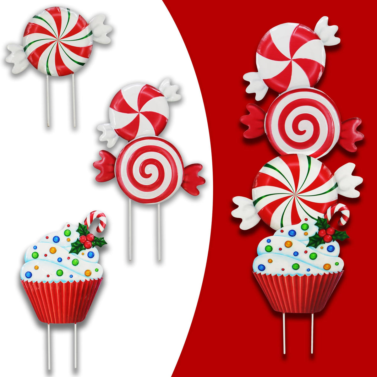 Voumsil front view of three candy stakes adding festive curb appeal