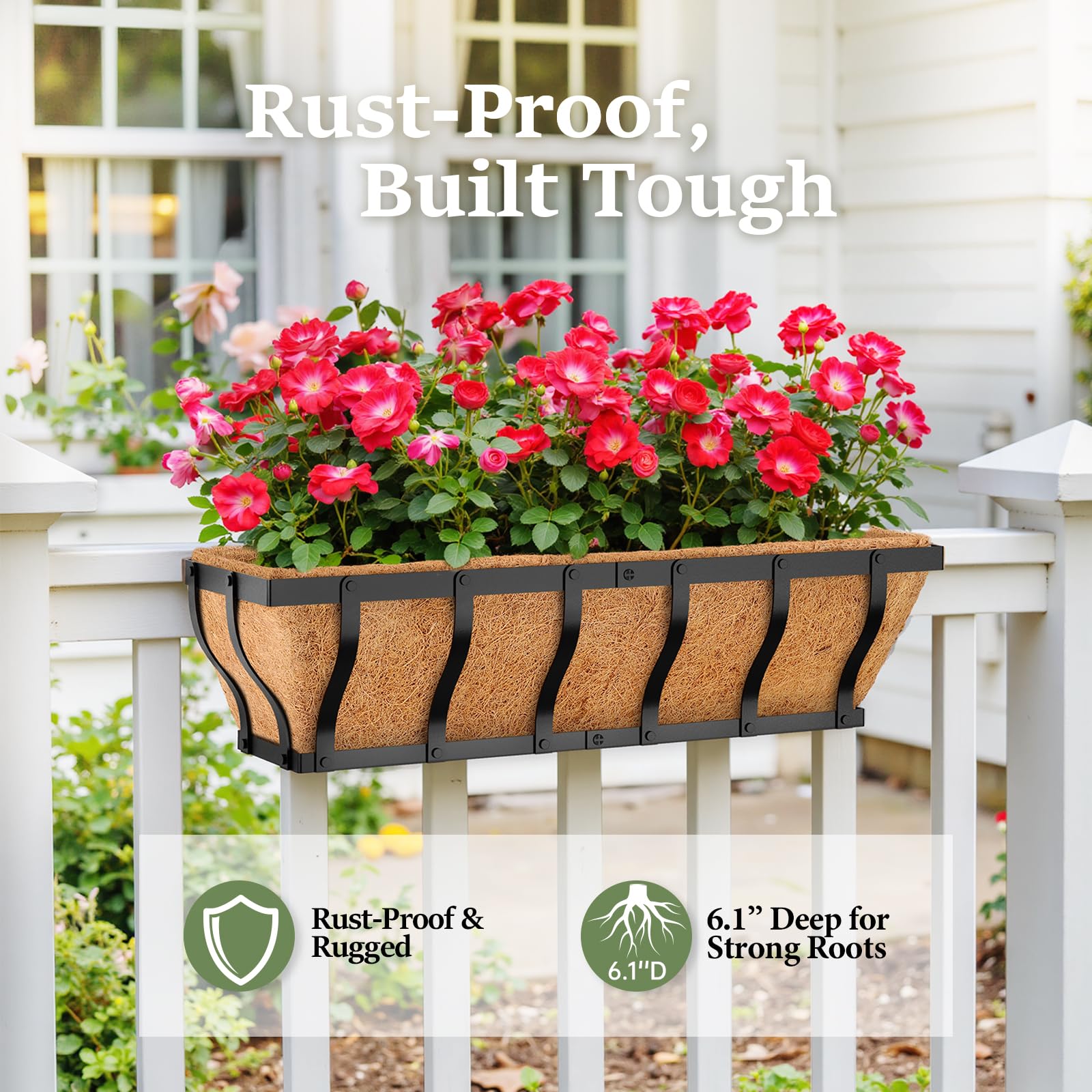 VOXOR planter mounted on balcony railing demonstrating secure fit