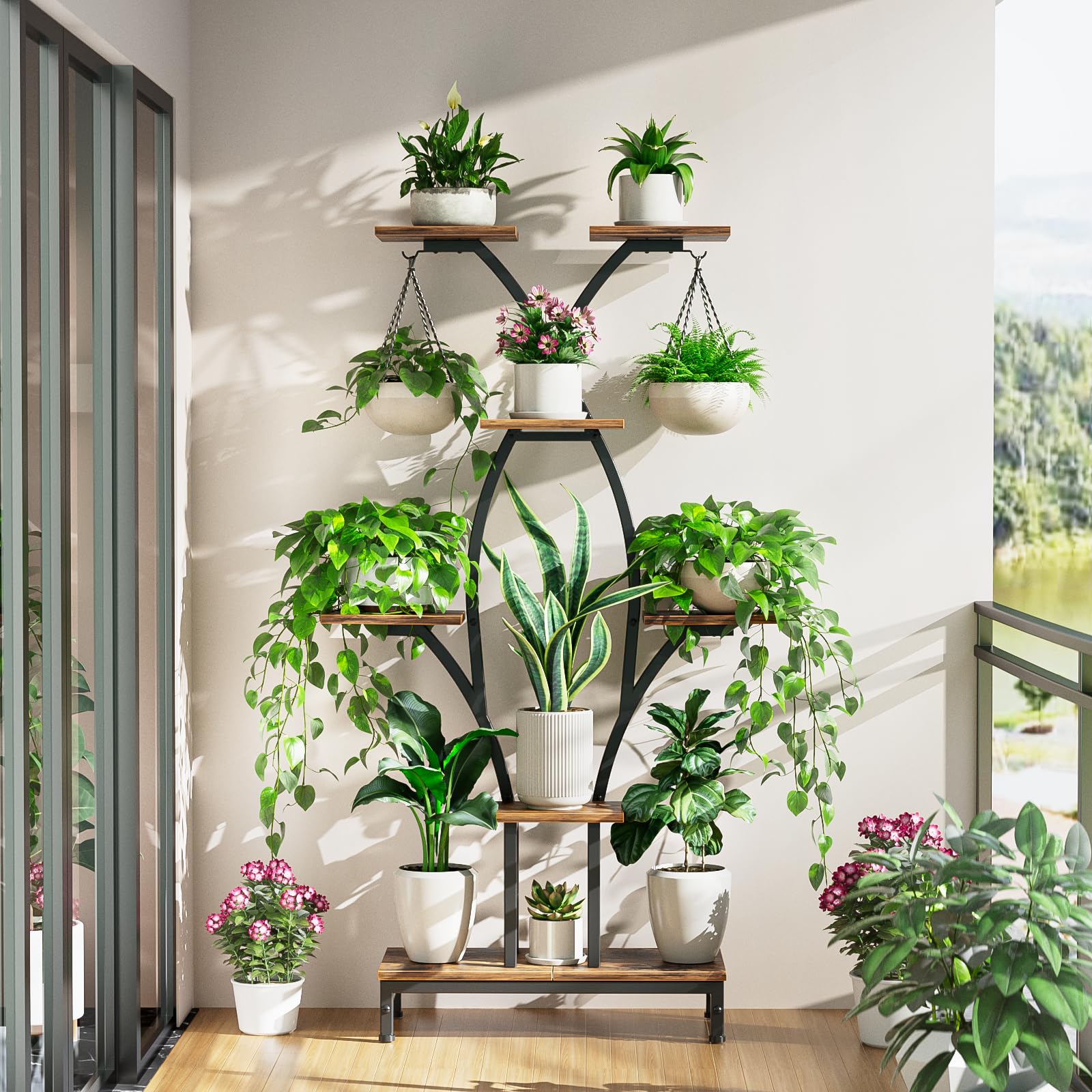 VOZZYOTO plant stand beside chair to show 64.2 inch scale and fit