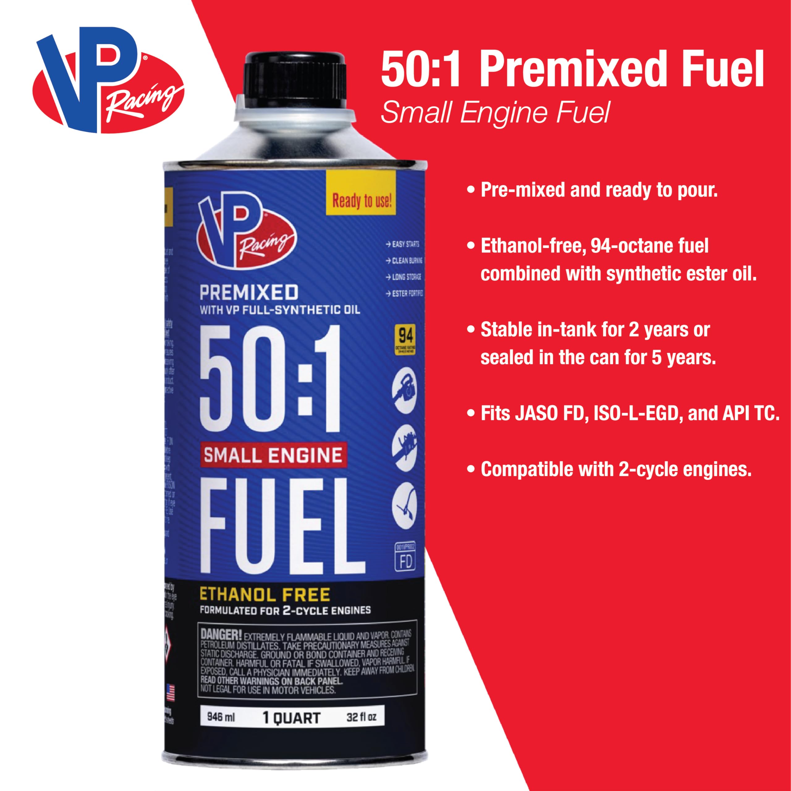 VP Racing label detail showing certifications and no-ethanol benefit
