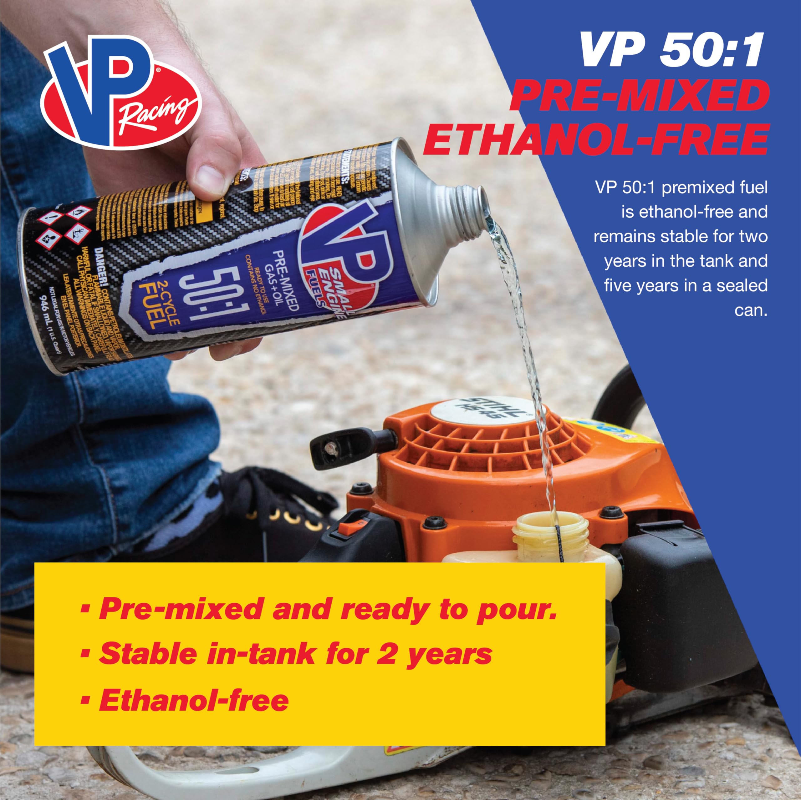 VP Racing close-up pour spout and cap for spill-free fueling benefits
