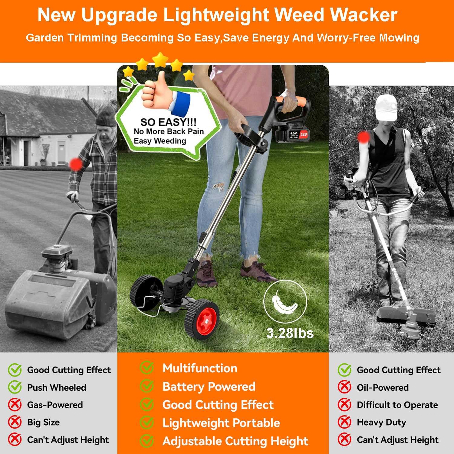 VQGCACG trimmer in use edging a lawn demonstrating neat finish benefit