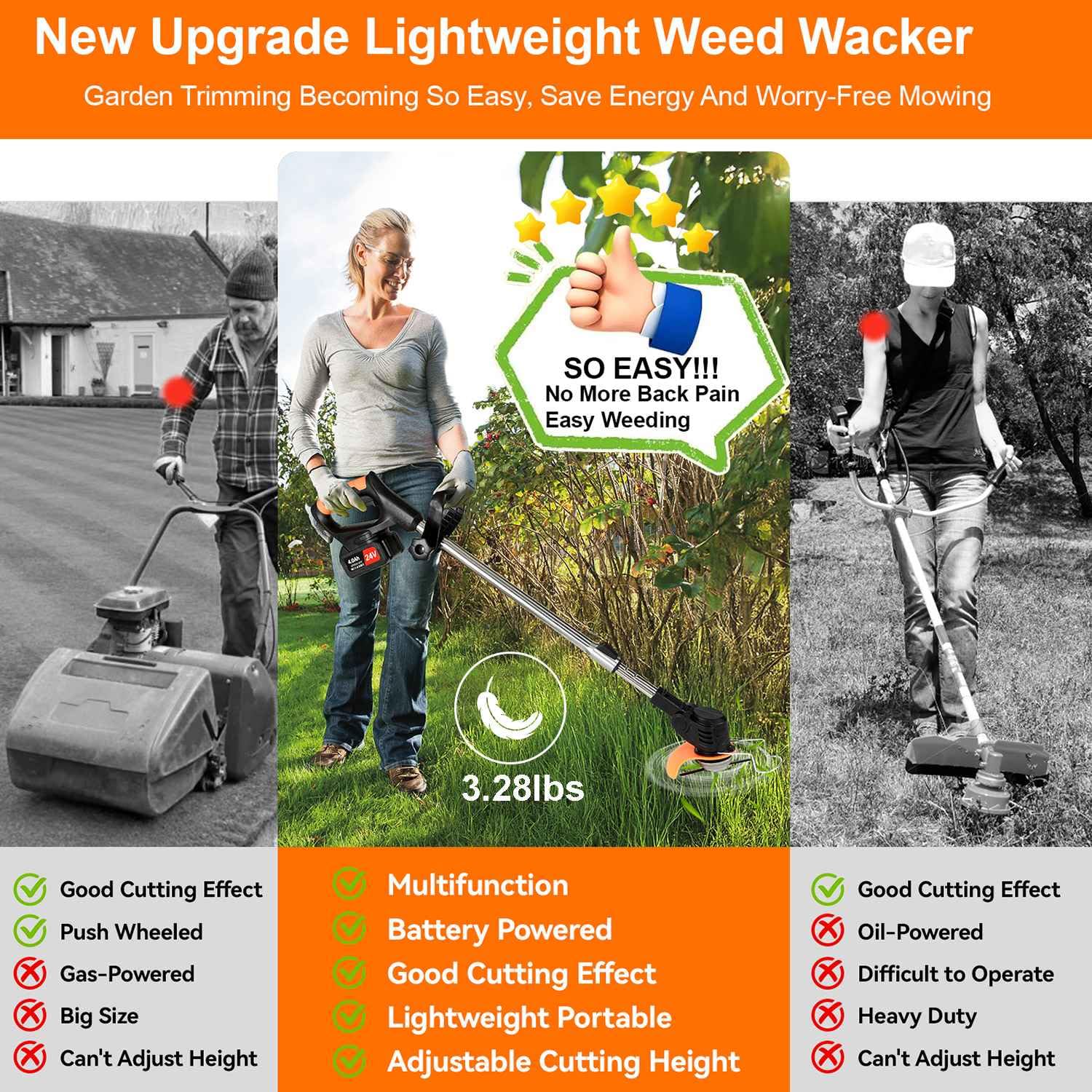 VQGCACG in-use trimming lawn showing quiet operation and precise edge control