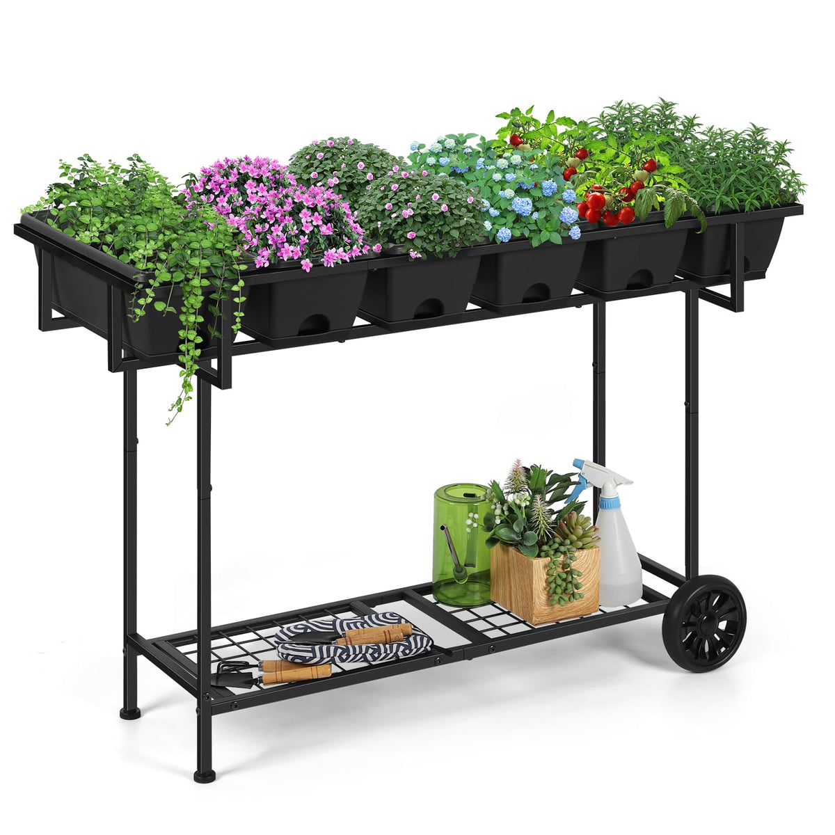 Vrisa front view of elevated garden bed showing neat planting benefit