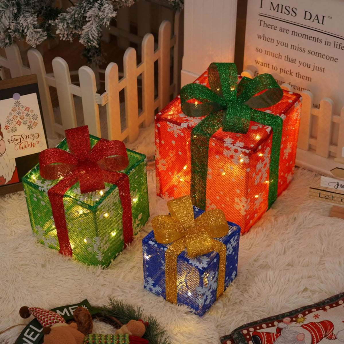 vskikris three boxes front view showing warm LED glow and festive appeal