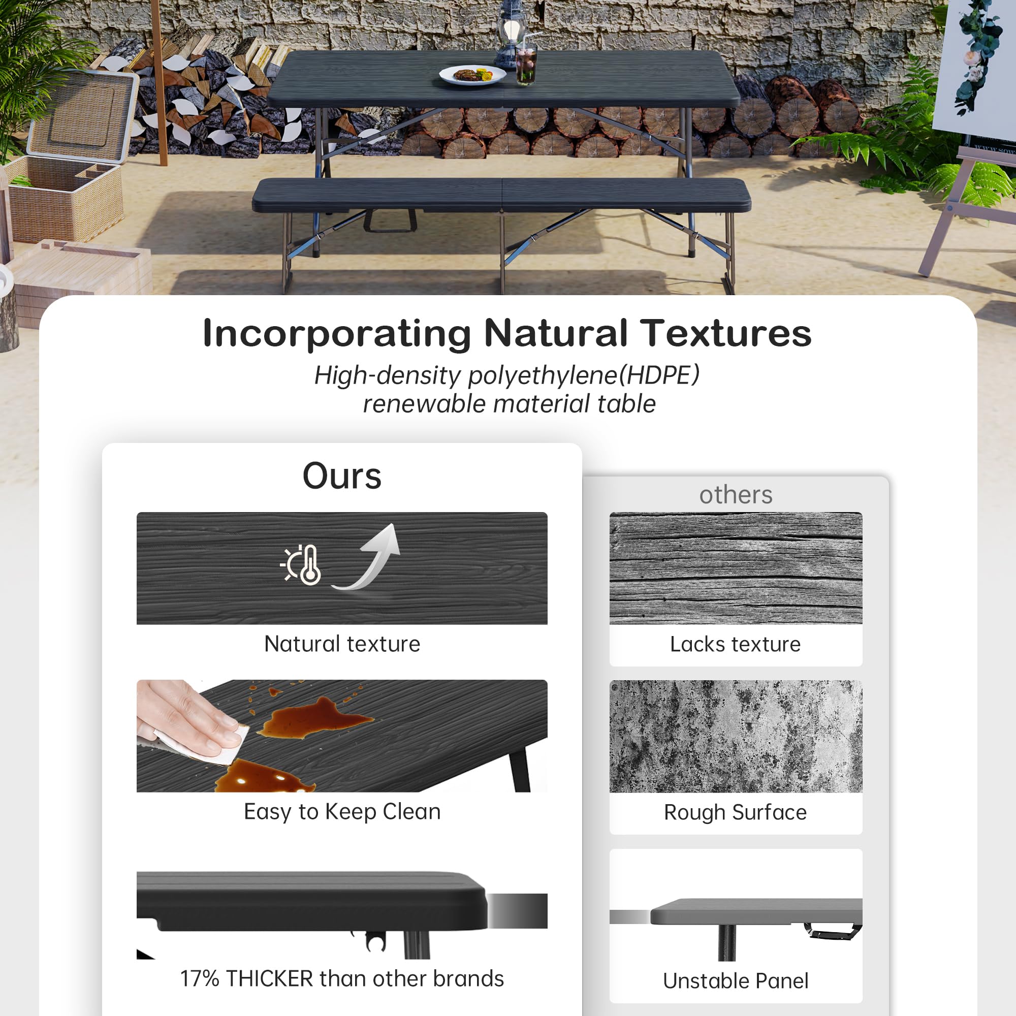 VSOAEIL bench seat texture close-up highlighting durable HDPE surface for easy cleaning