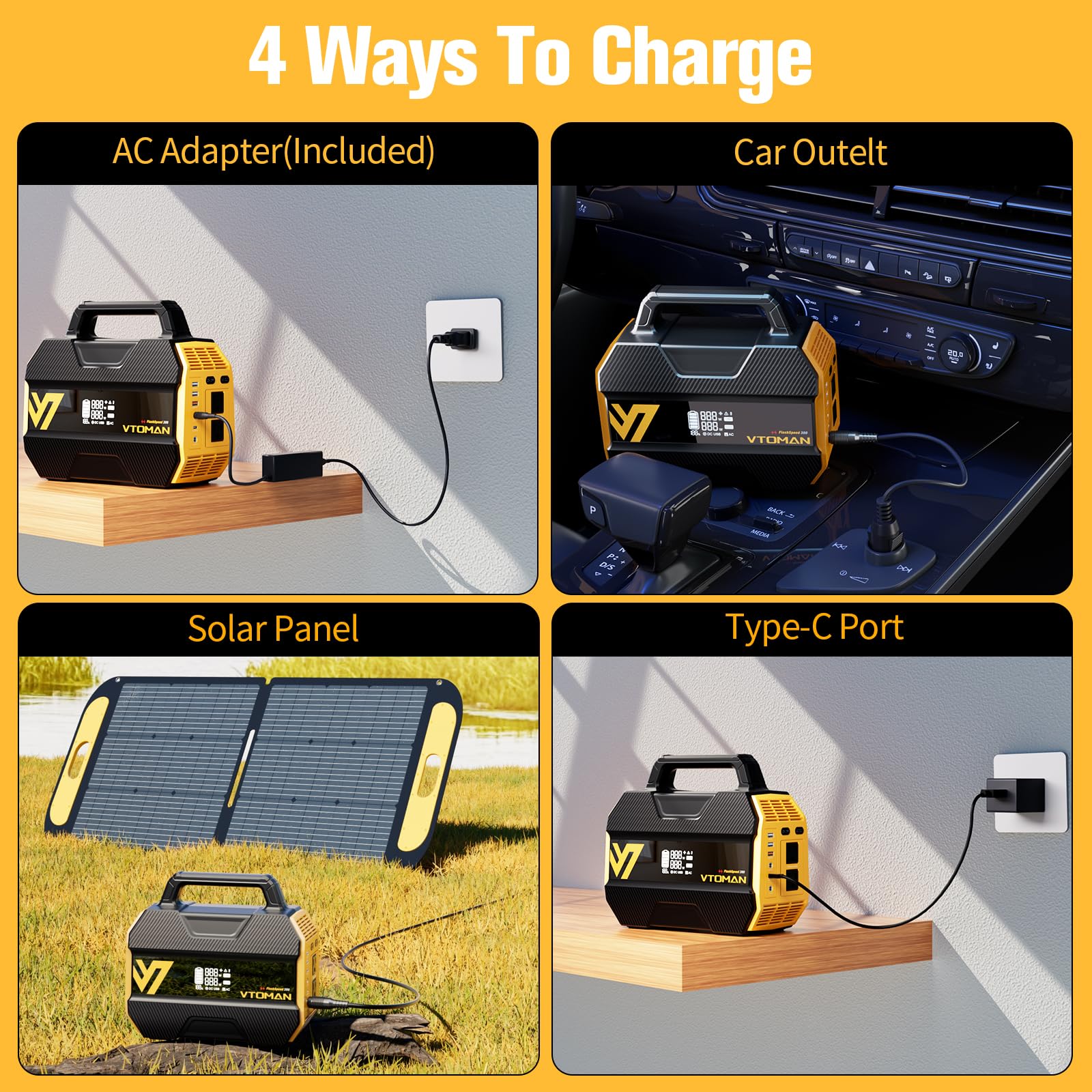 VTOMAN FlashSpeed 300 recharging from car 12V outlet illustrating on-the-road flexibility