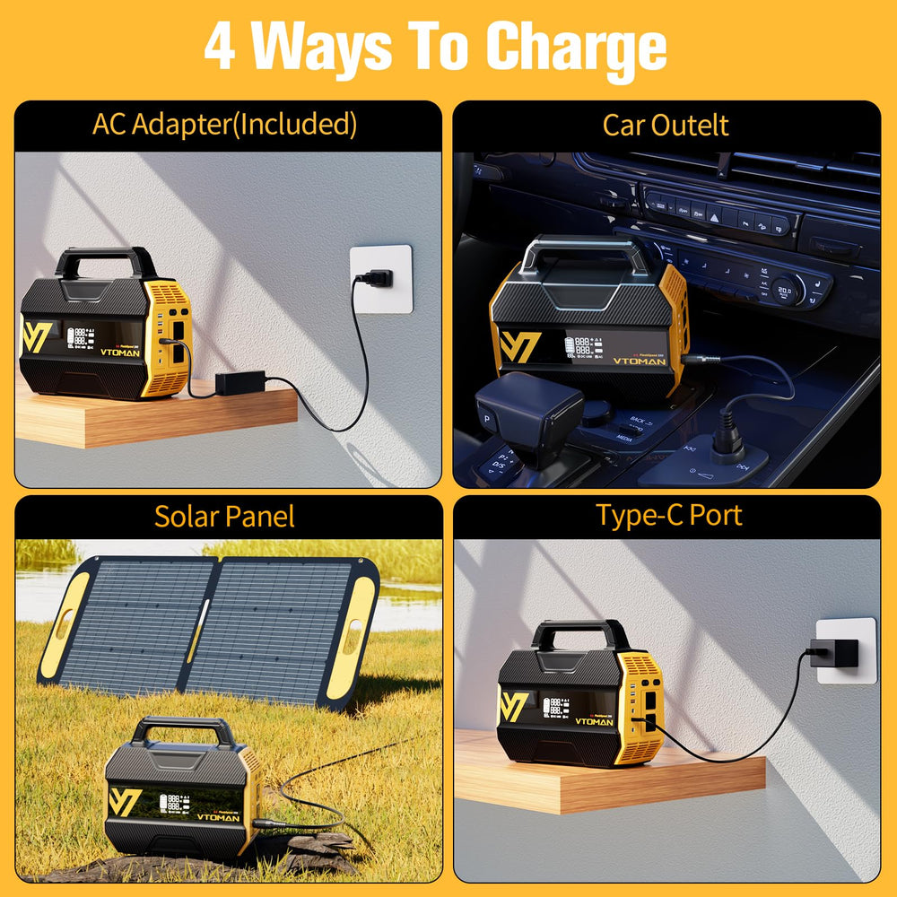 VTOMAN FlashSpeed 300 recharging from car 12V outlet illustrating on-the-road flexibility