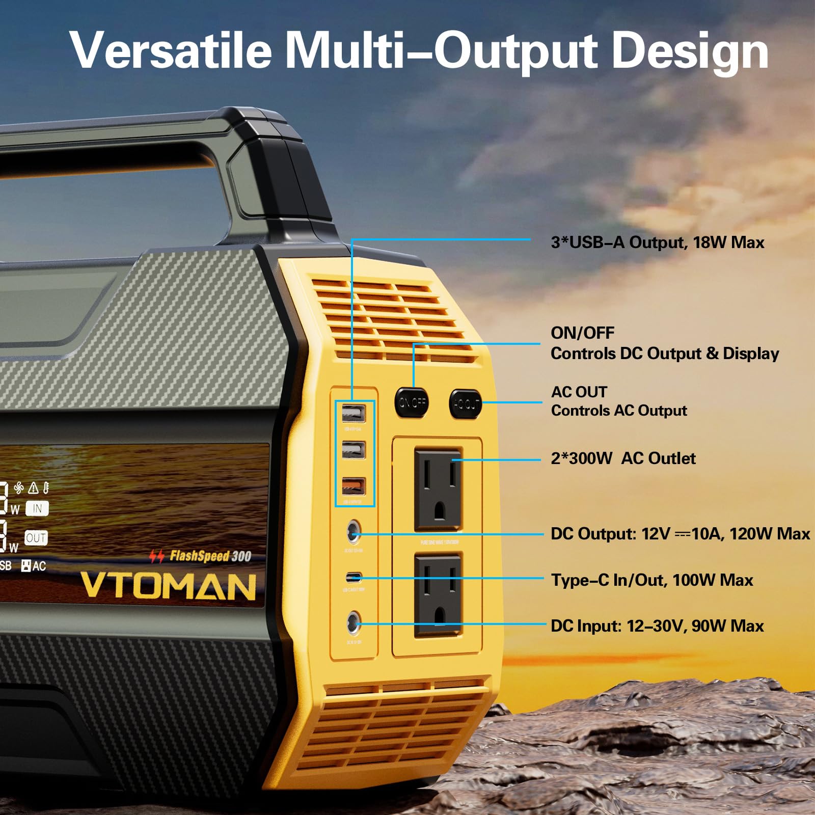 VTOMAN FlashSpeed 300 powering camp setup showing reliable outdoor energy solution
