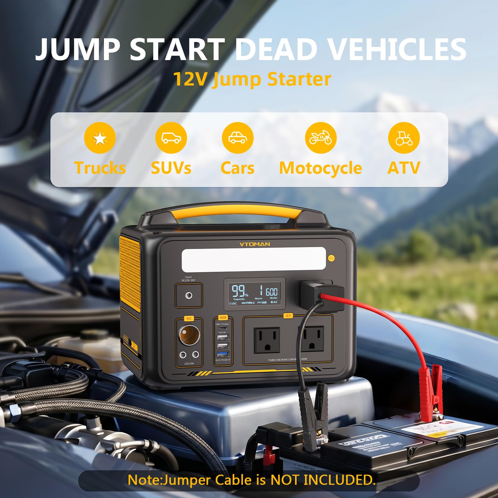 VTOMAN jump-start port view highlighting emergency vehicle-start capability