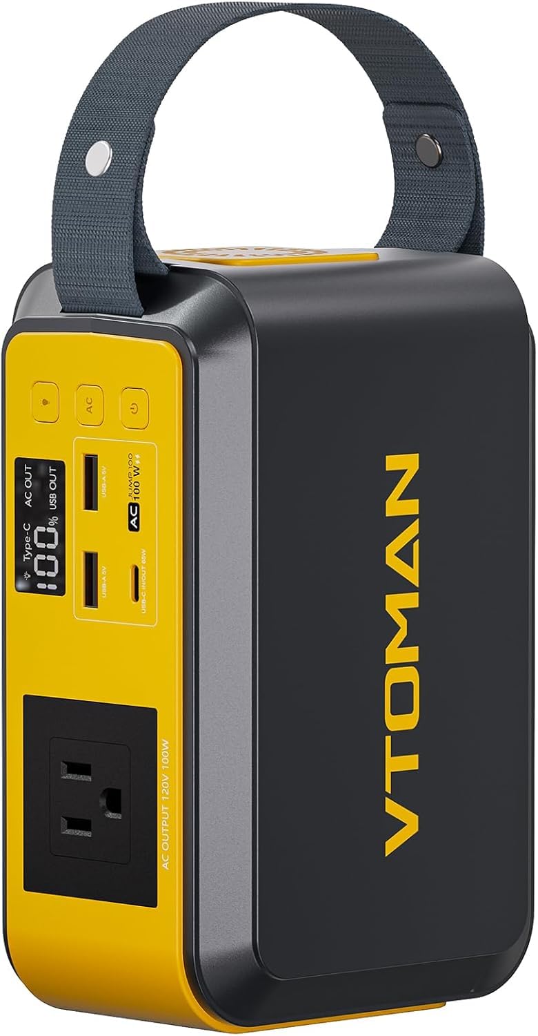 VTOMAN Jump 100 front panel showing buttons and AC outlet for quick power control