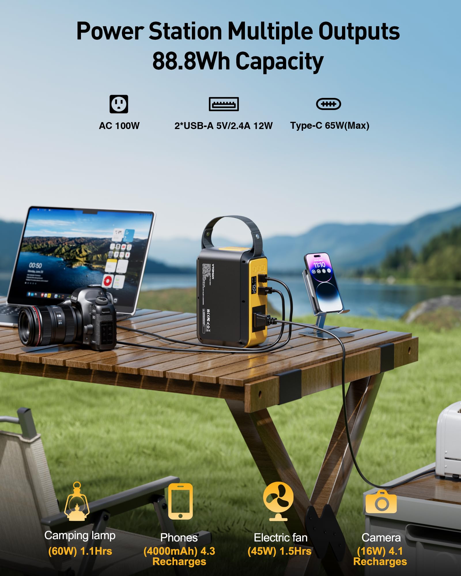VTOMAN Jump 100 ports closeup with USB‑C PD and USB‑A ports for fast device charging
