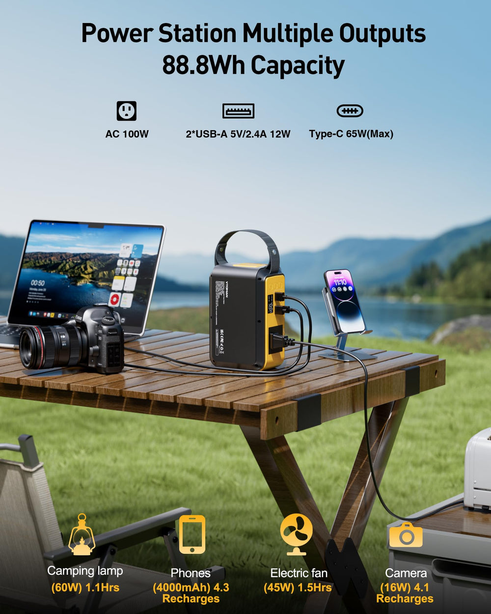 VTOMAN Jump 100 ports closeup with USB‑C PD and USB‑A ports for fast device charging