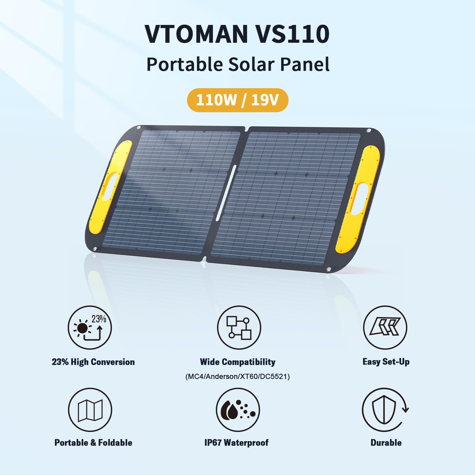 VTOMAN VS110 close-up of monocrystalline cells highlighting 23% efficiency