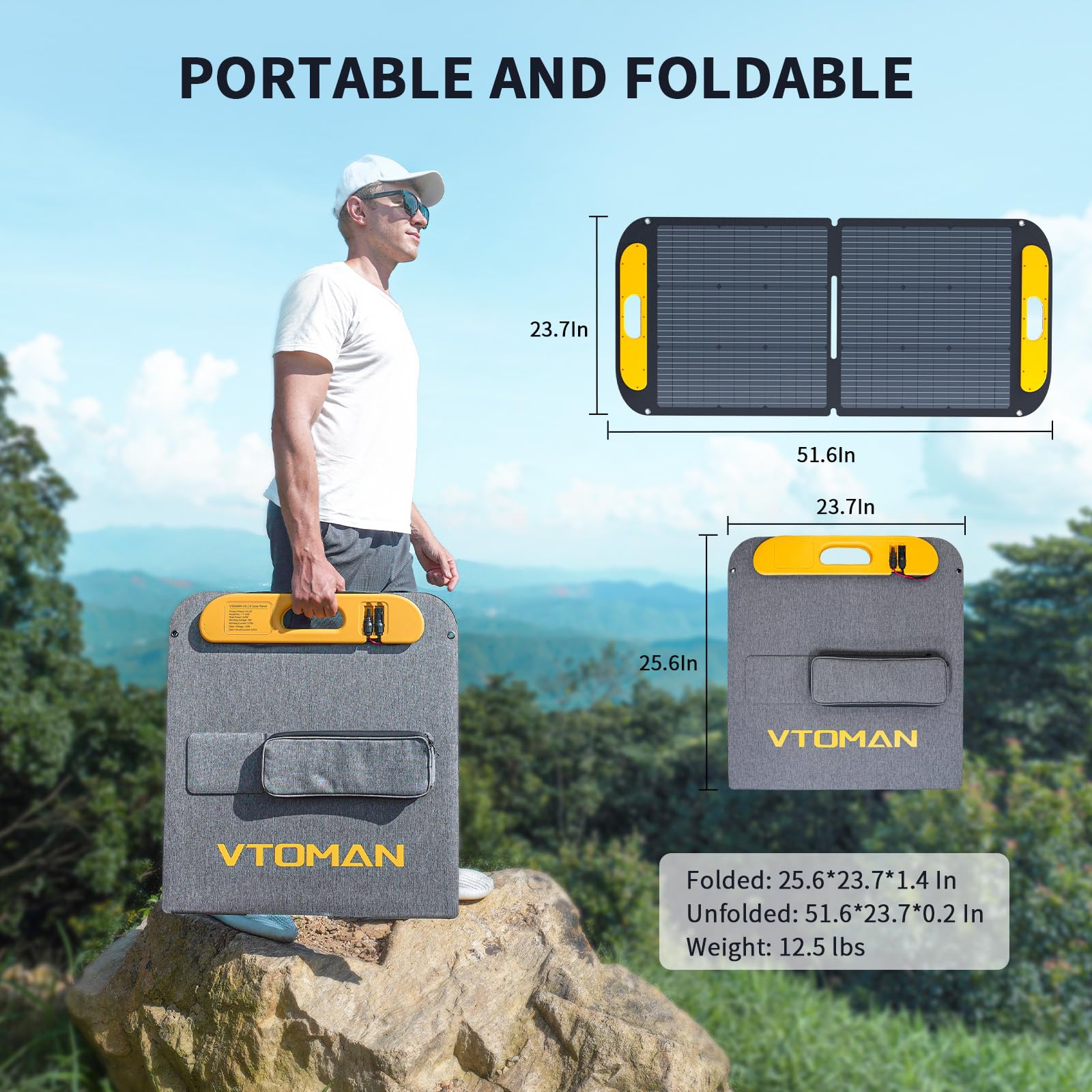 VTOMAN VS110 unfolded with kickstands angled for optimal sun exposure benefit