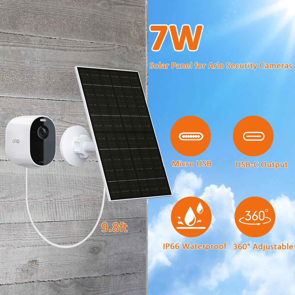 VUEBEE panel mounted on exterior wall powering Arlo camera for continuous surveillance