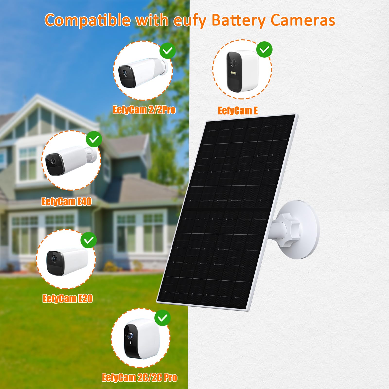 VUEBEE solar panel mounted beside an Eufy camera providing continuous outdoor charging