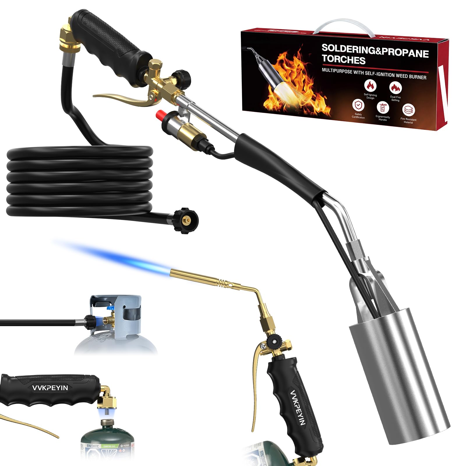 VVKPEYIN torch front view assembled showing ready-to-use control and hose