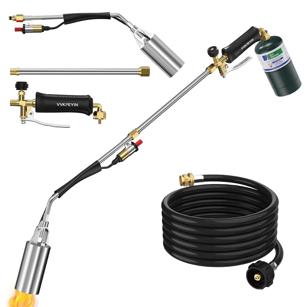 VVKPEYIN torch front view showing complete kit and easy setup benefits