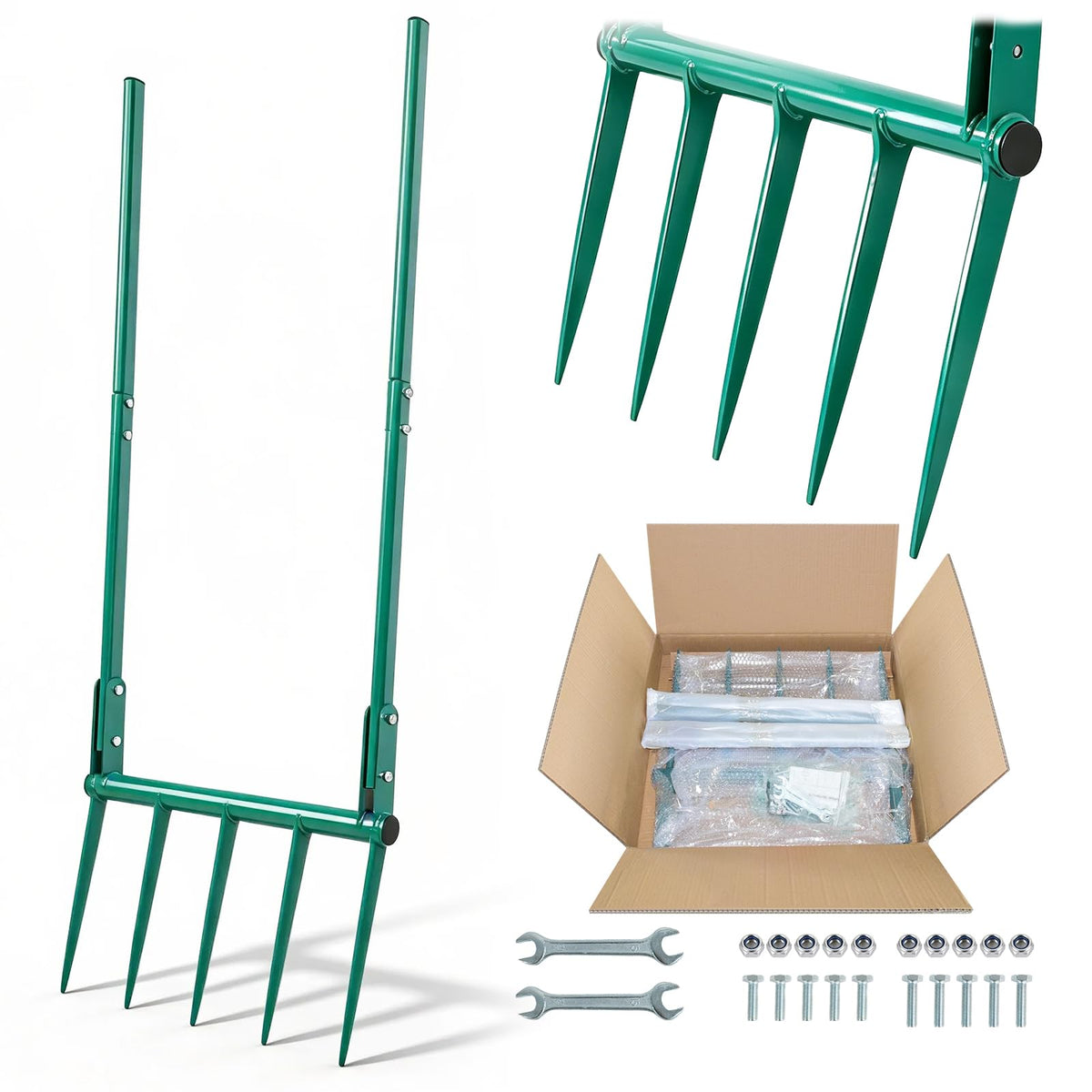 VVOKGO broadfork front view showing sturdy frame and five tines for reliable performance