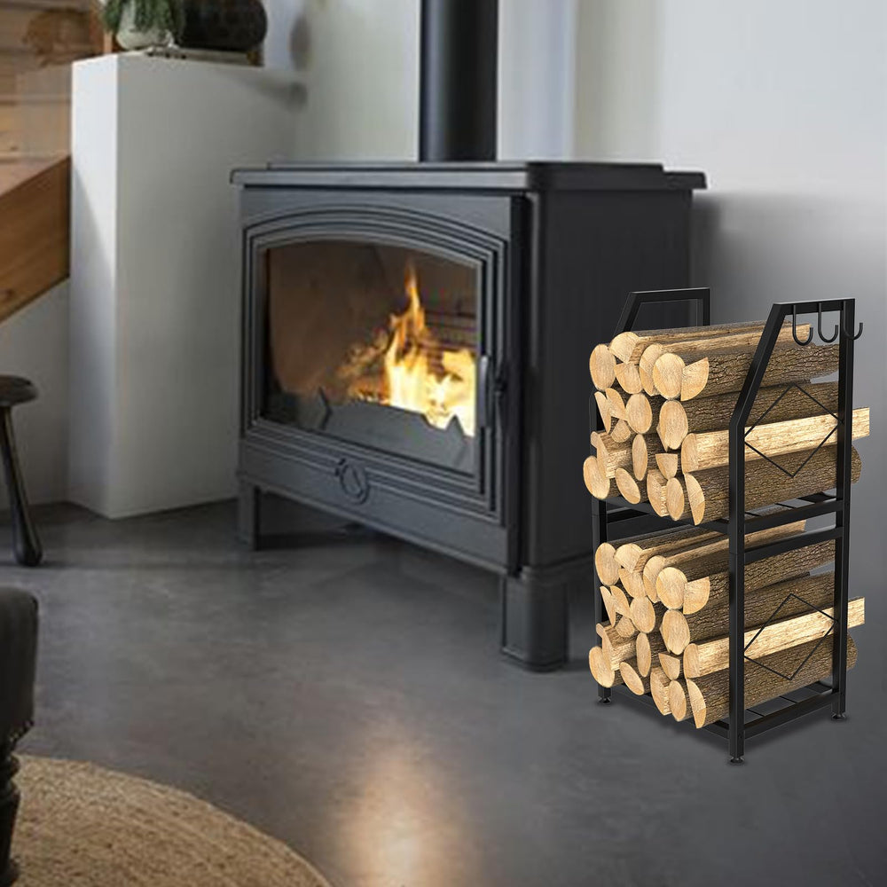 VyGrow rack beside indoor fireplace showing quick access to logs benefit