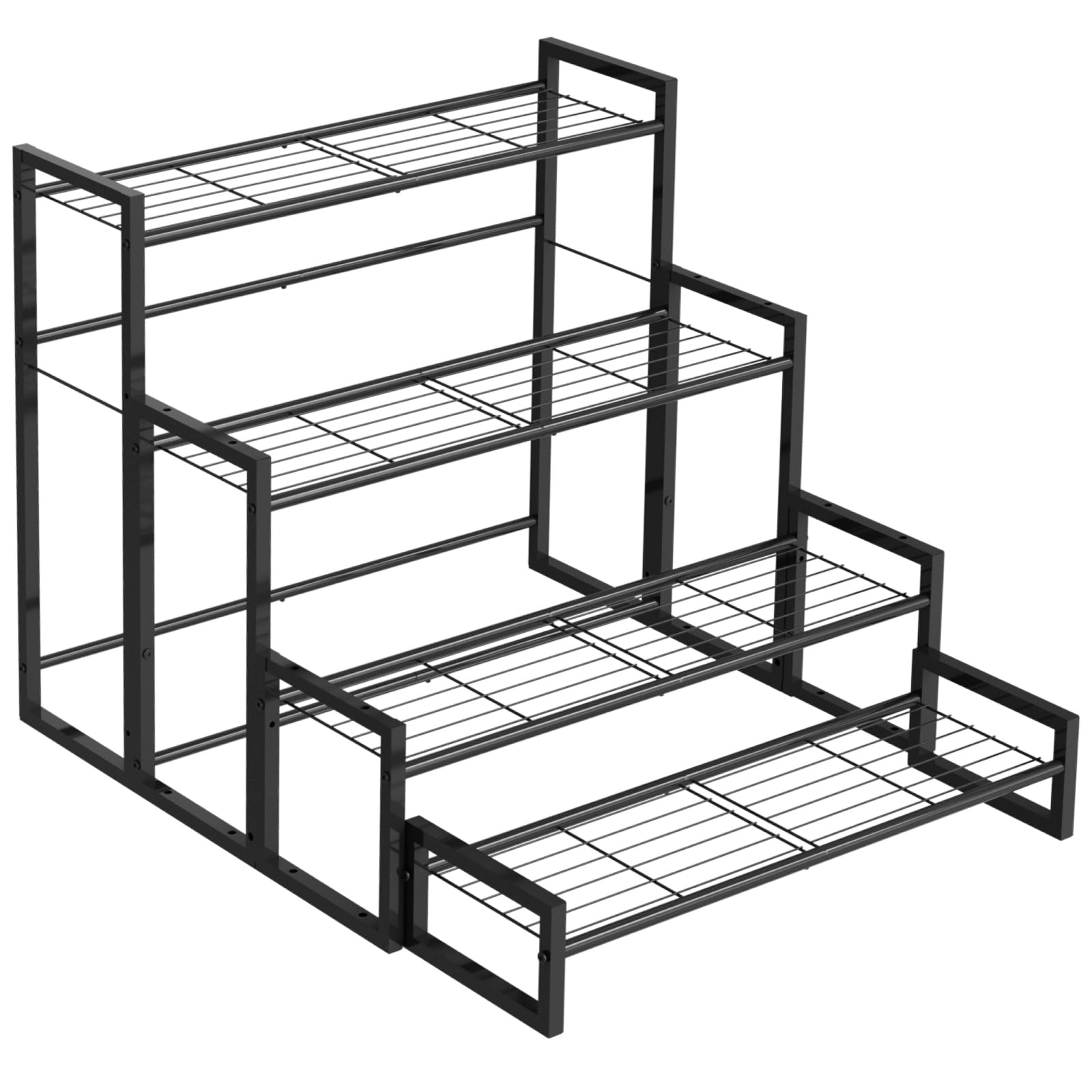 VyGrow front view of 4-tier plant stand showing organized pots and space-saving benefit
