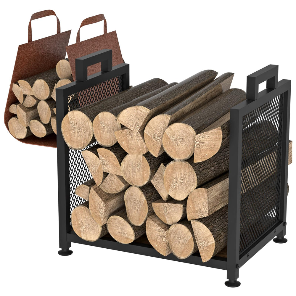 VyGrow front view of black metal log rack showing tidy storage benefit