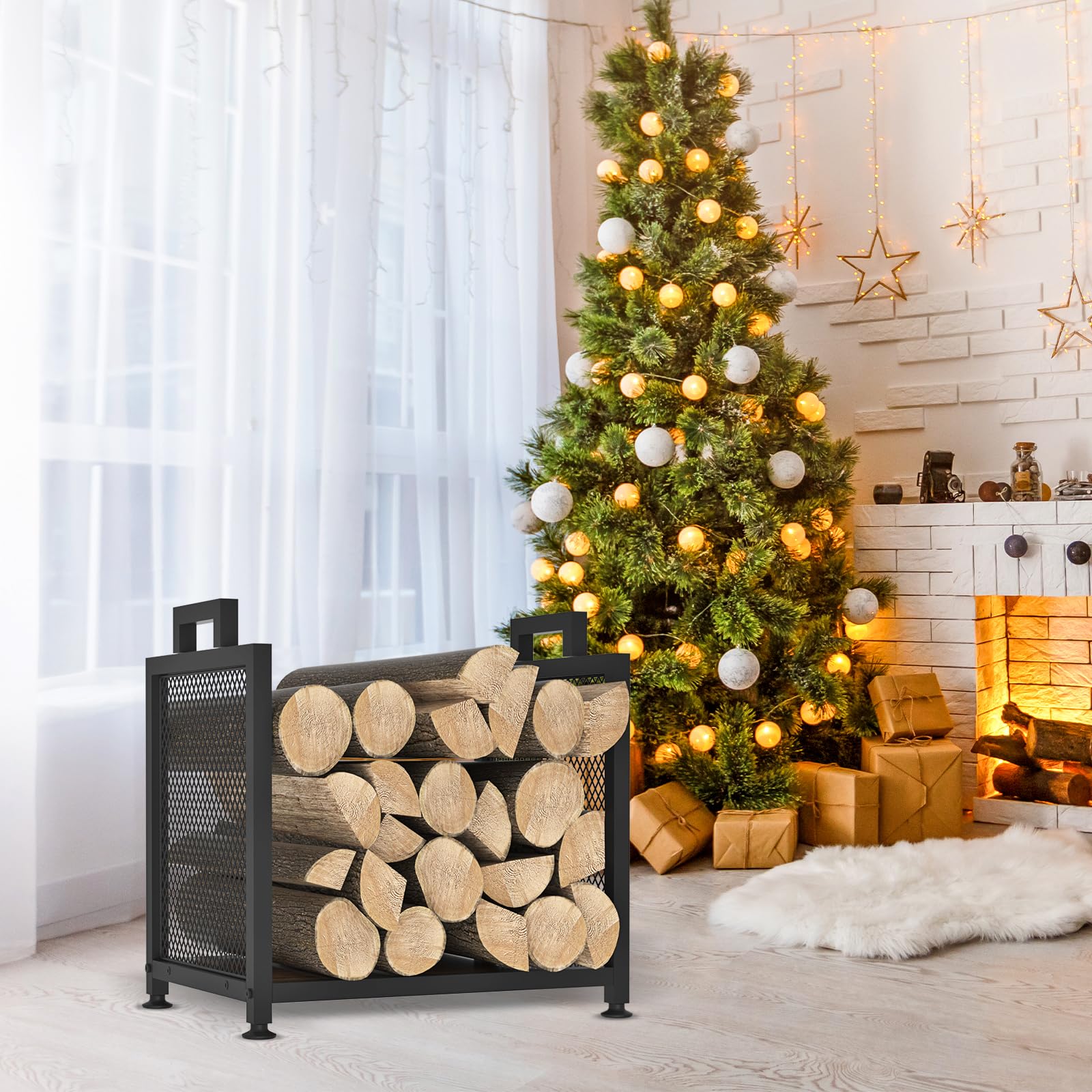 VyGrow rack next to fireplace illustrating organized hearth benefit